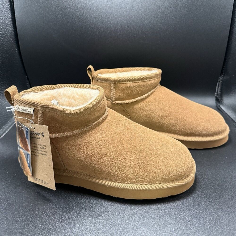 New Bearpaw Boots Women's 8 Brown Fleece Wool Bl Lined Bearcoat Low Top Slip On